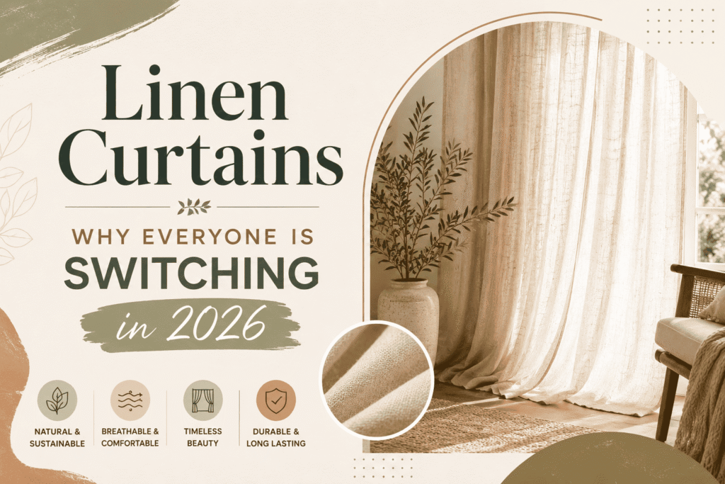 Bright living room with natural undyed linen curtains hanging floor to ceiling in soft afternoon light
