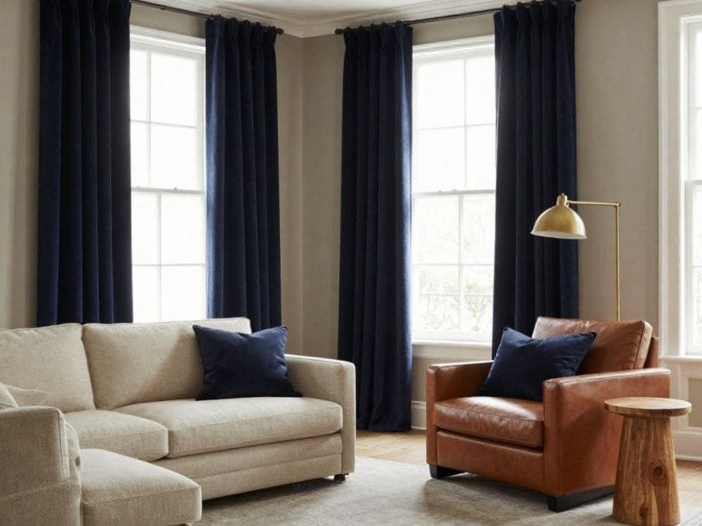 Living Room with Warm Greige Walls with Deep Navy Accents Colours