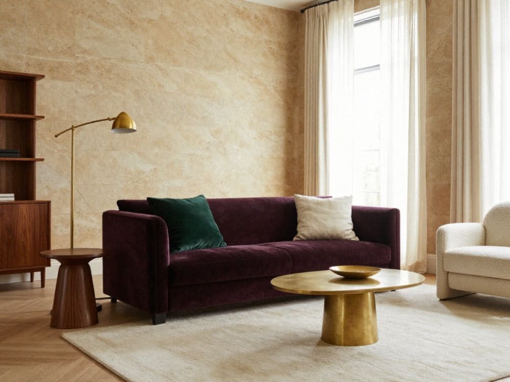 Living Room with Warm Stone Walls with Warm White and Velvet Jewel Tones