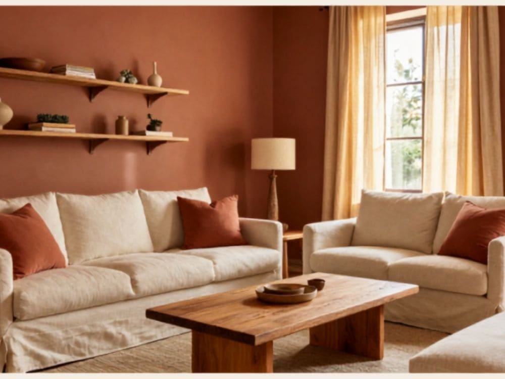 Living Room with Warm Terracotta Walls with Cream and Natural Wood