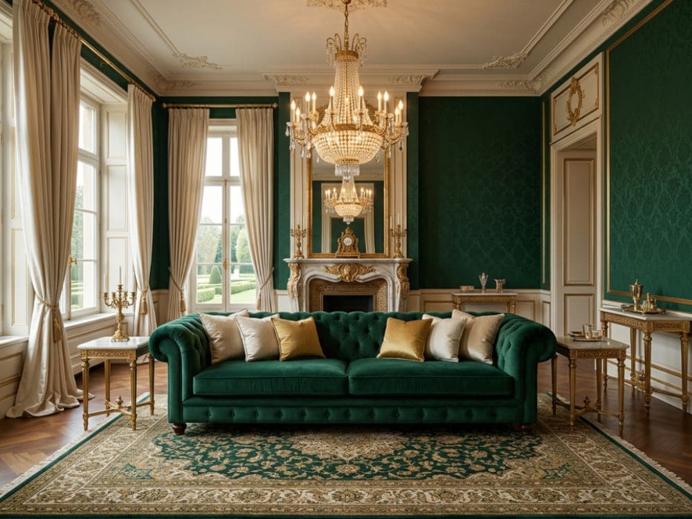 Living room with Forest Green Walls with Cream, Brass, and Natural Linen