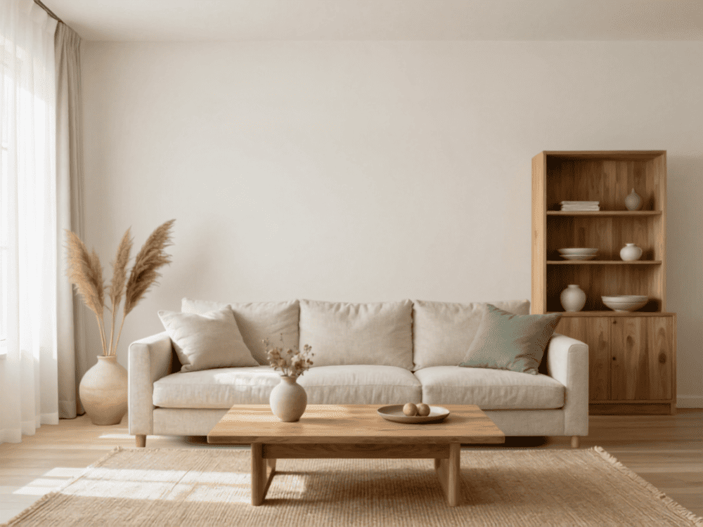 Living room with Warm White Walls with Natural Linen and Warm Oak