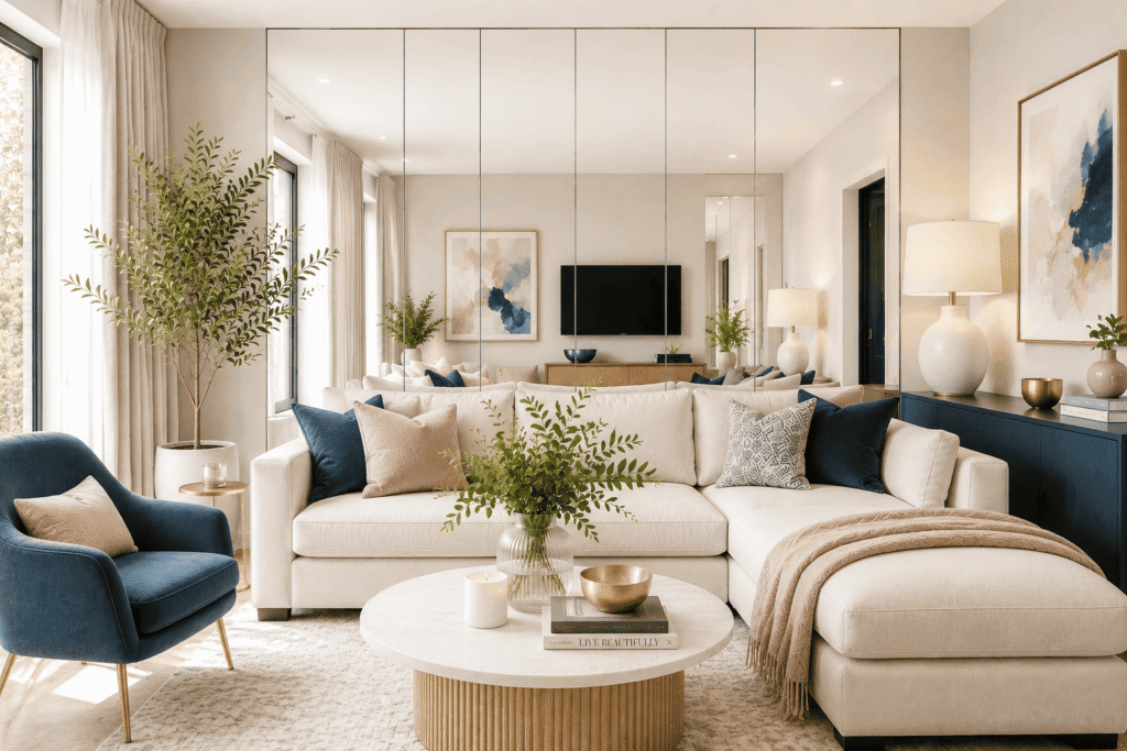 Mirror or Reflective Accent Wall - Accent Wall Ideas for Living Room
