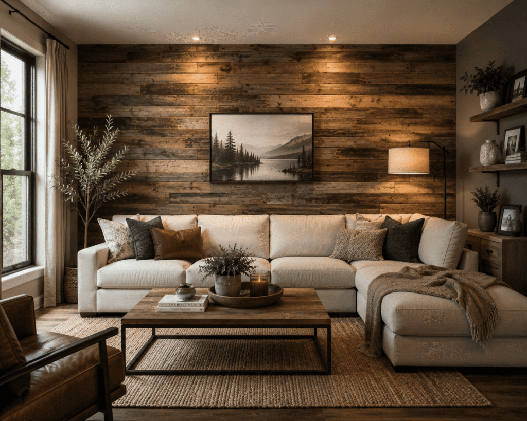 Reclaimed or Distressed Wood Panelling - Accent Wall Ideas for Living Room