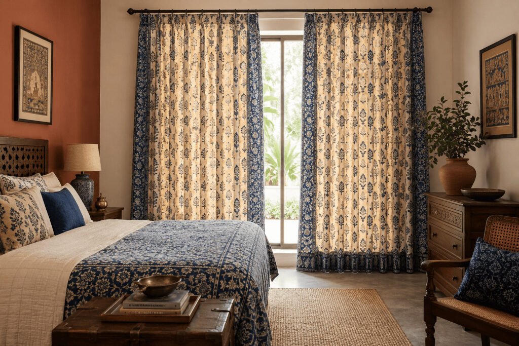 Block print cotton curtains