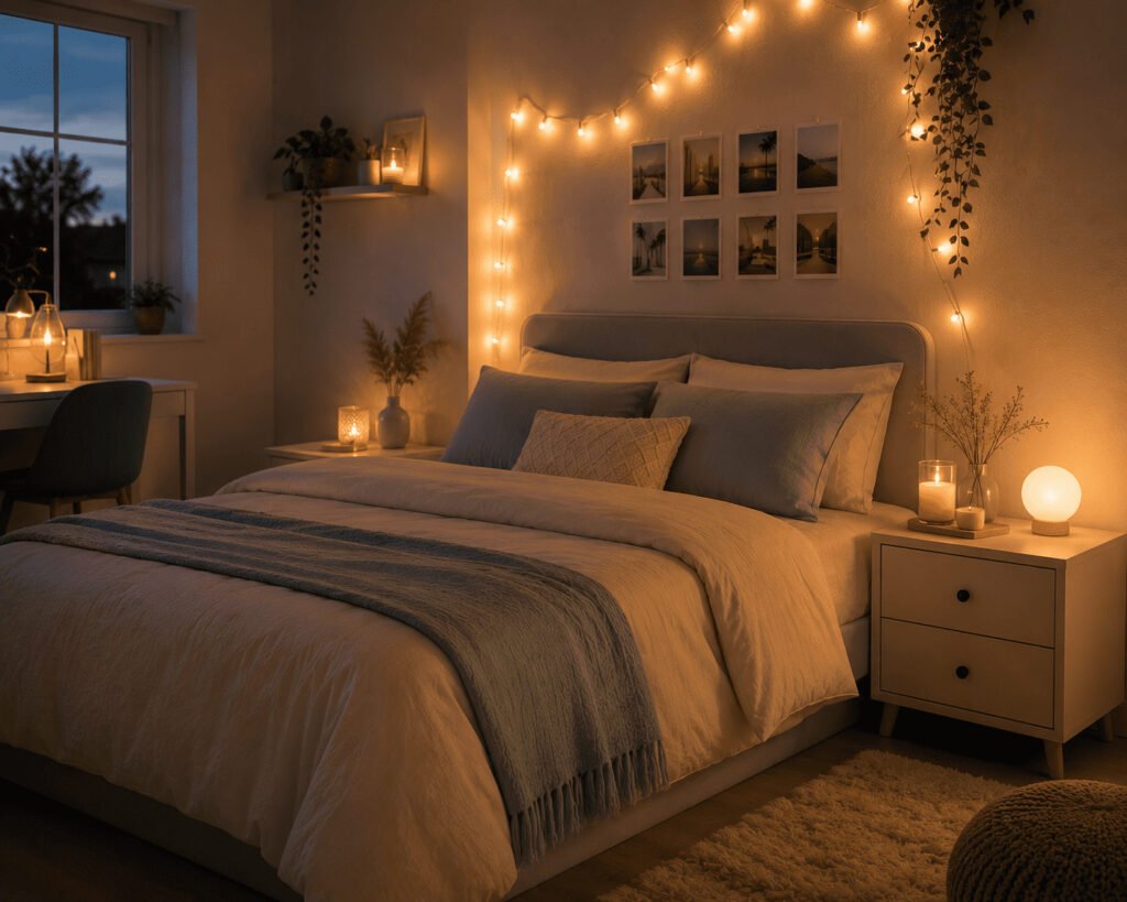 Fairy Lights and Candles in Bedroom