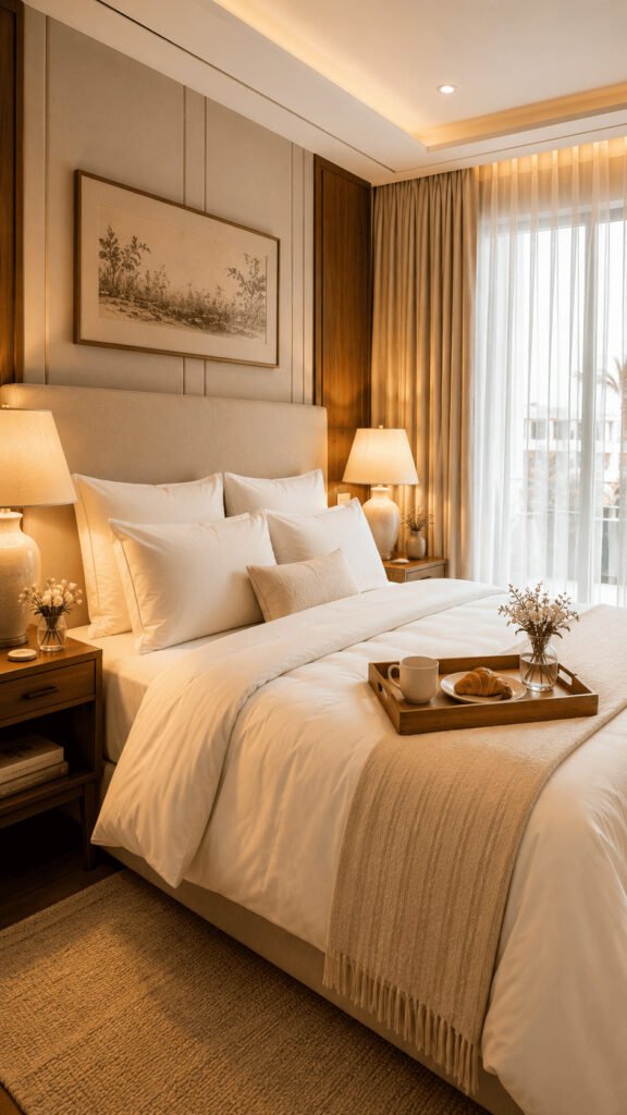 Luxurious hotel-style bedroom with pristine white linen bedding, matching ceramic bedside lamps, floor-to-ceiling linen curtains and a wooden breakfast tray on the bed