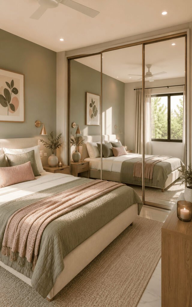 Small bedroom with a floor-to-ceiling sliding mirror wardrobe making the room appear spacious and bright