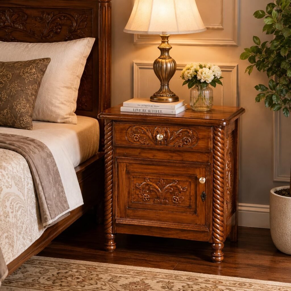 wooden carved bedside table Indian sheesham