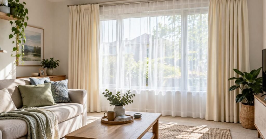 white voile curtains layered over a cream blackout curtain in a sunlit living room