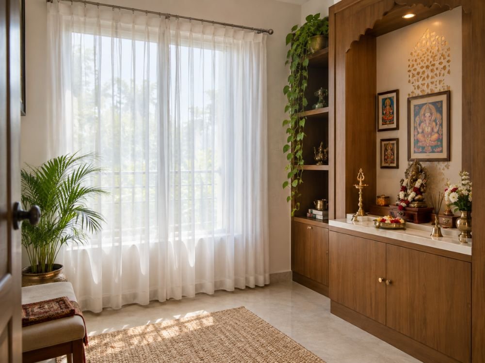 Sheer curtain at a pooja room window, soft white, natural light