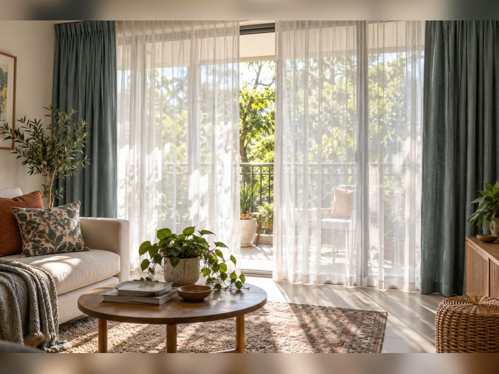 White sheer curtains filter strong daylight in a bright living room, with heavier blue-green curtains layered for added privacy and light control