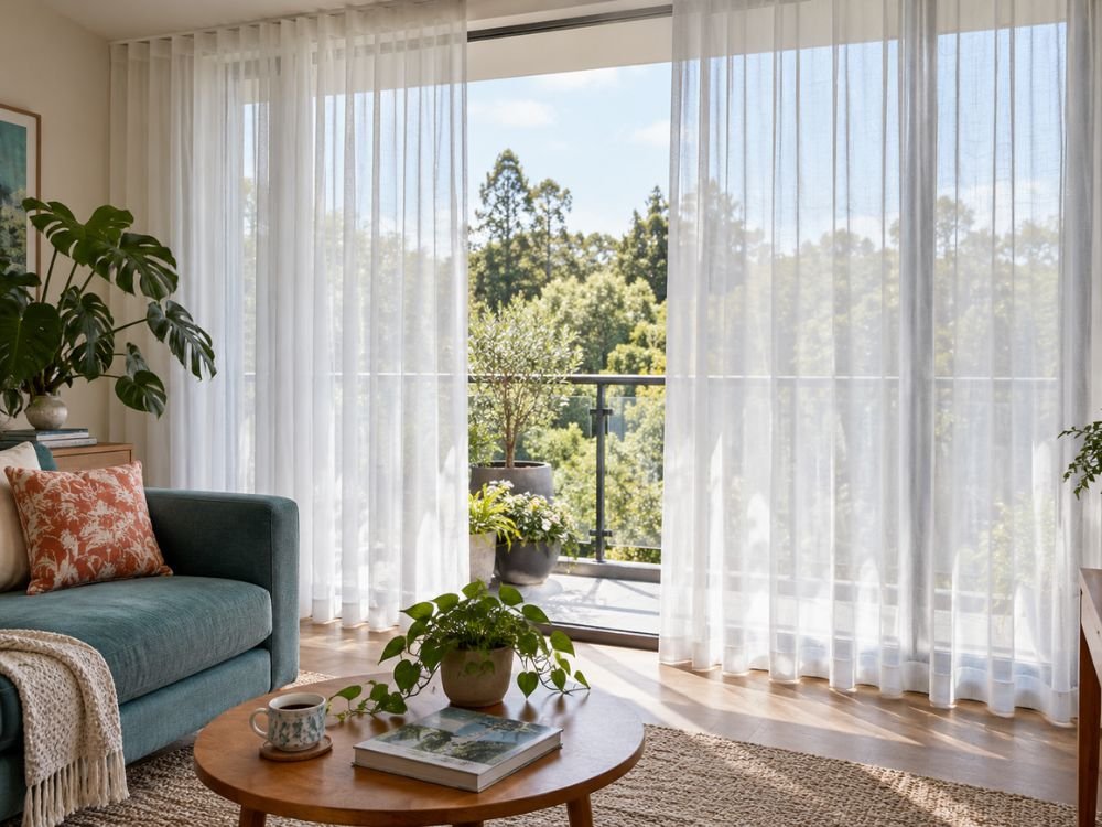 White sheer curtains soften natural daylight in an upper-floor living room overlooking a private, leafy balcony