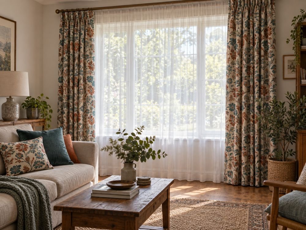 White sheer curtains layered with patterned cotton outer curtains in a bright, cosy living room