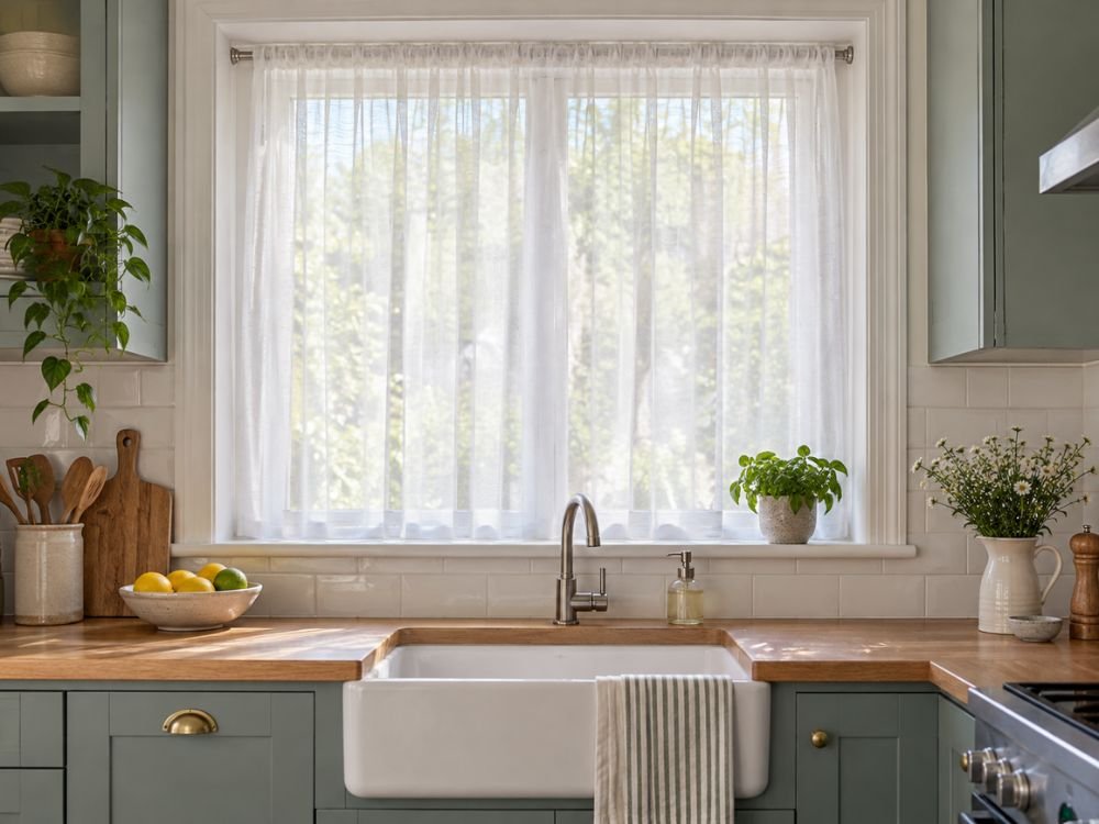 Short sill-length sheer curtain in a bright kitchen window