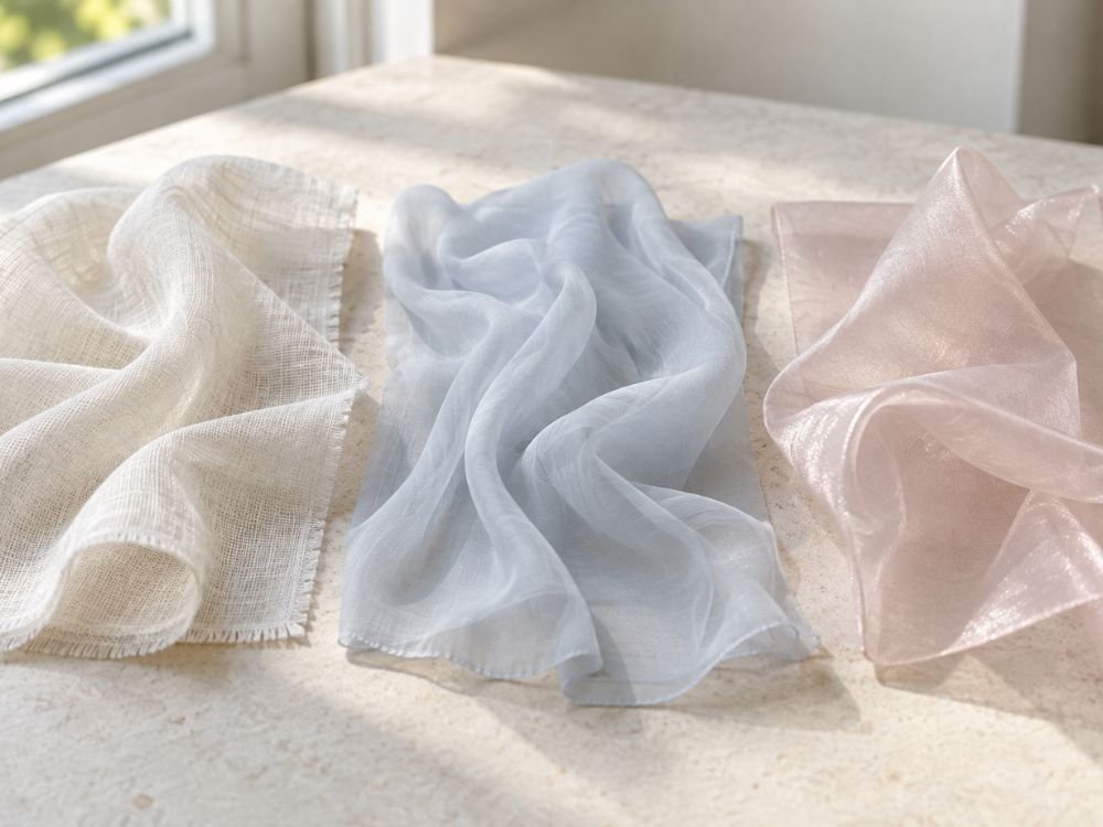 Voile, chiffon and organza swatches side by side in natural light