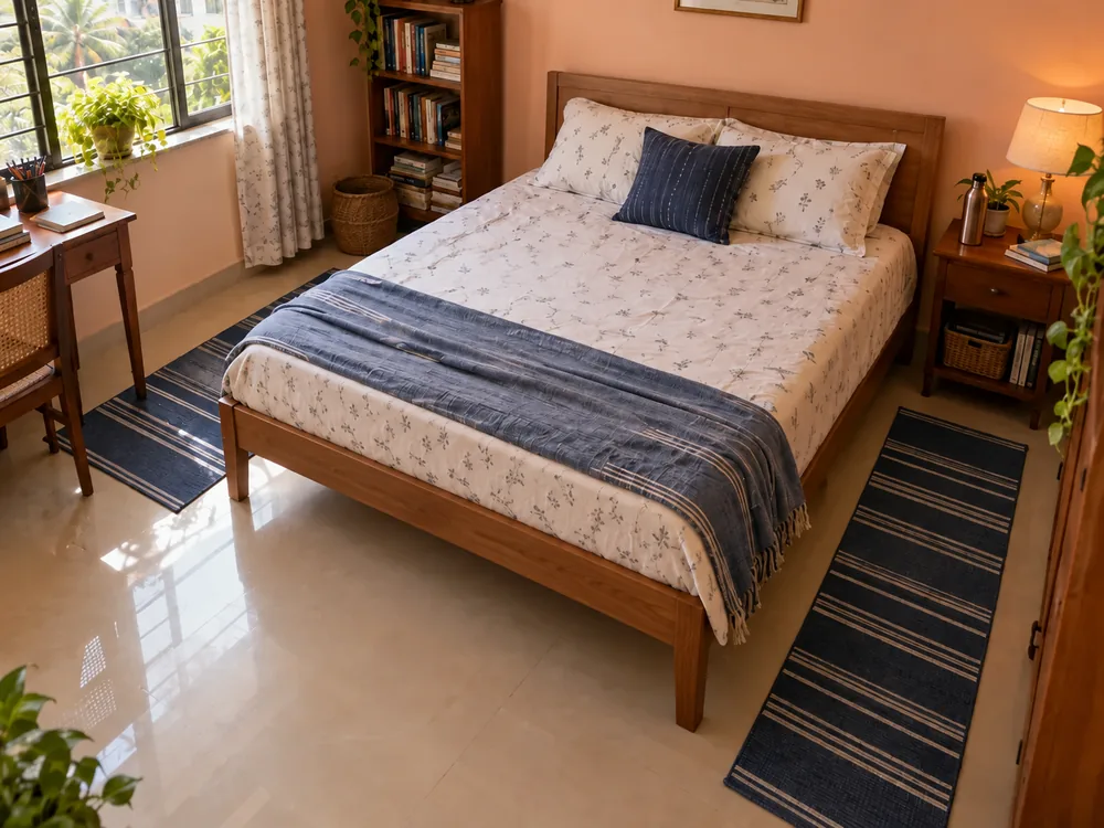 Two narrow runners beside a bed providing separate landing spots