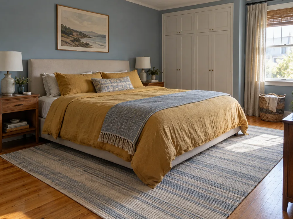 King bed with a large striped rug extending past both sides and foot