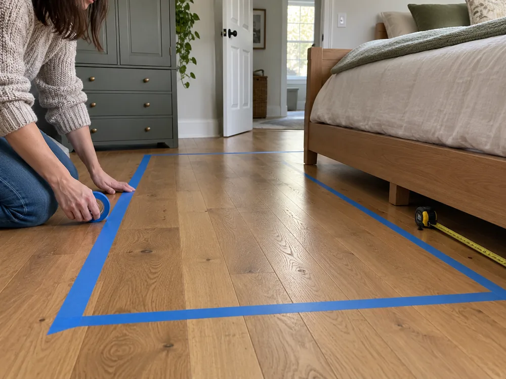 Painter's tape marking a proposed rug outline beside a bed
