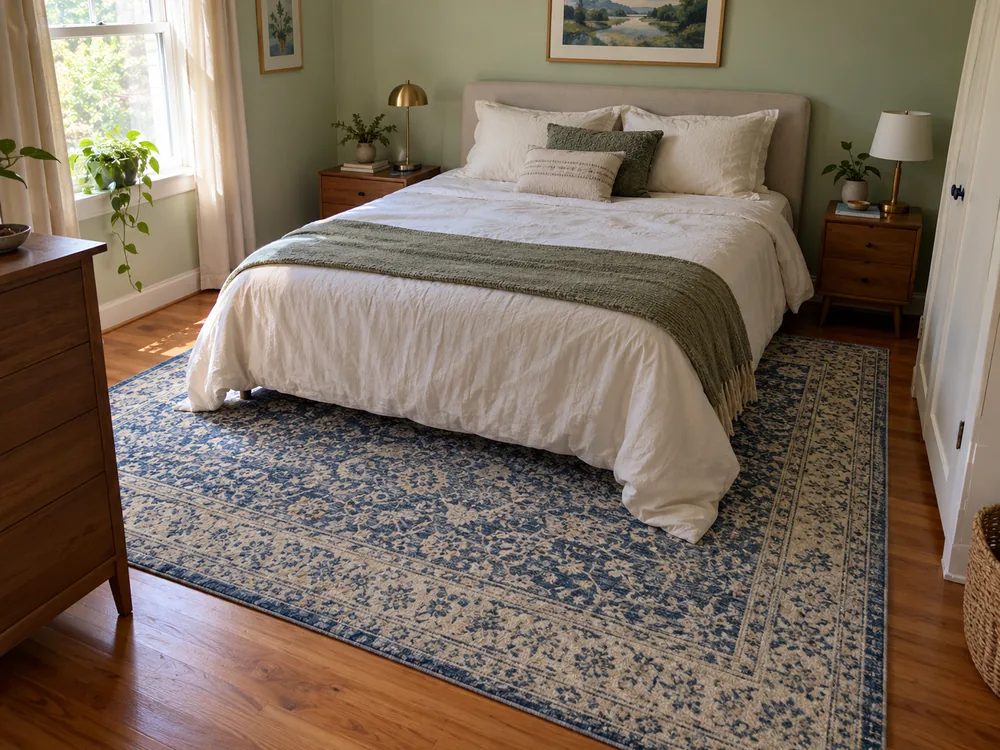 Queen bed with a rug beneath its lower portion and nightstands off the rug