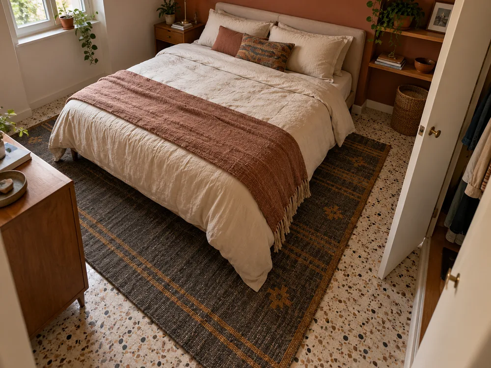 Compact bedroom with a rug leaving floor around the edges and a clear wardrobe doorway