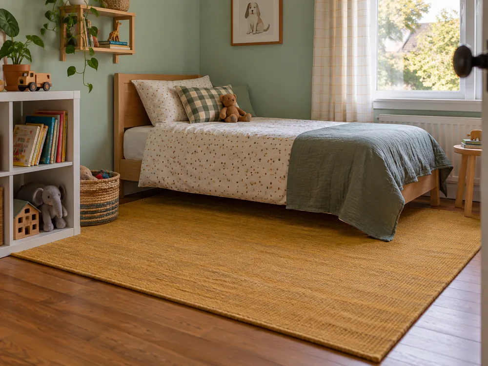 Twin bed with a rug providing a landing area beside the bed