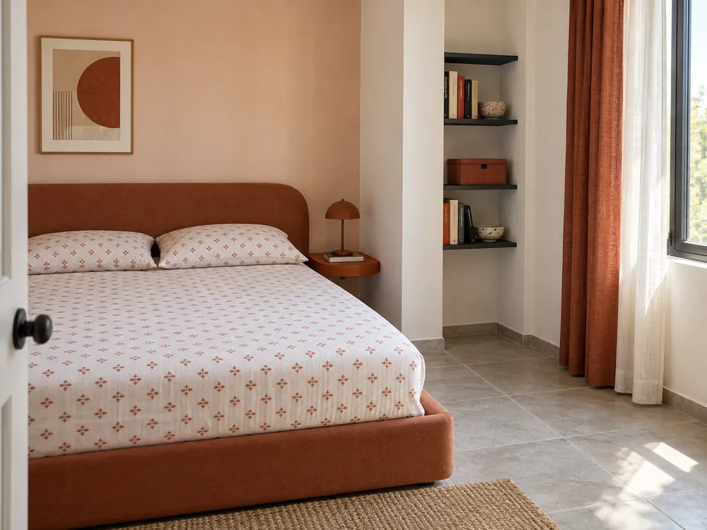 Small bedroom using an awkward corner for compact storage