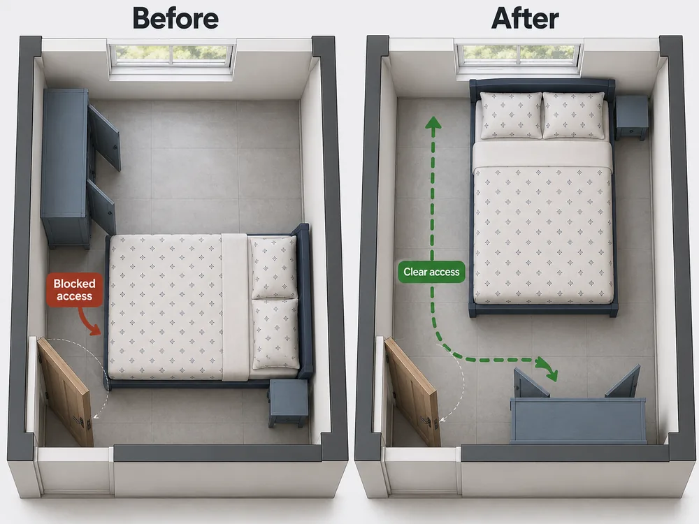 Comparison of cramped and improved furniture layouts in a small bedroom