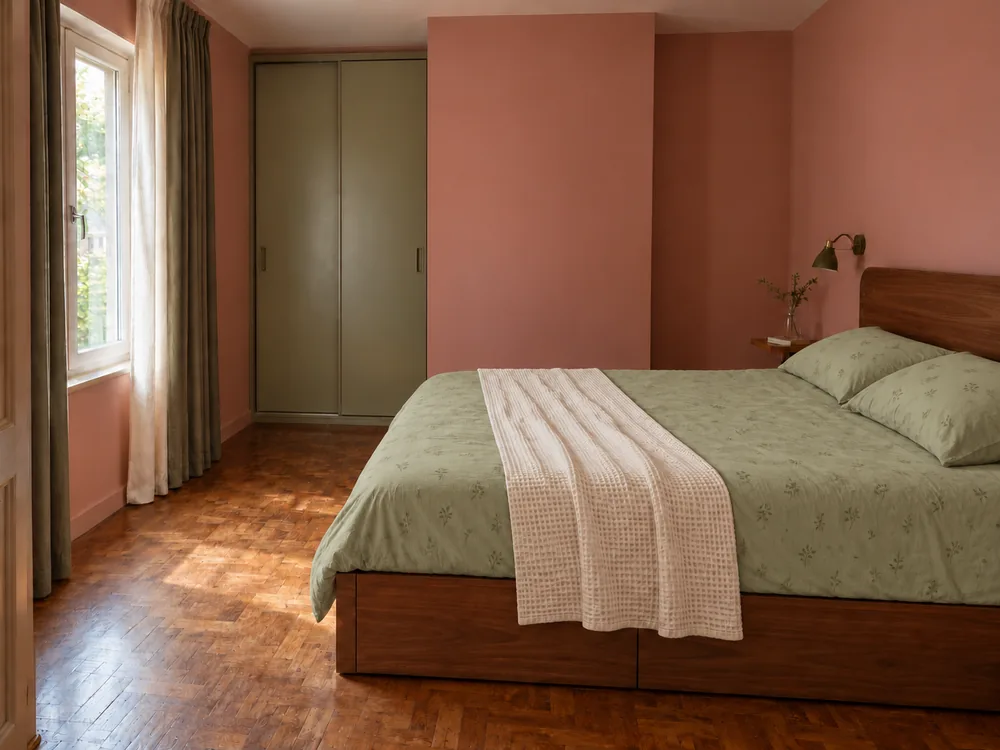 Awkward small bedroom layout with bed, wardrobe and clear walking space