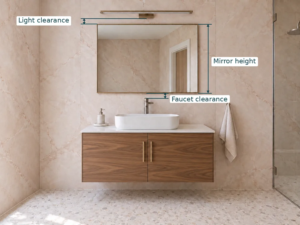 Bathroom mirror height with faucet and light clearance