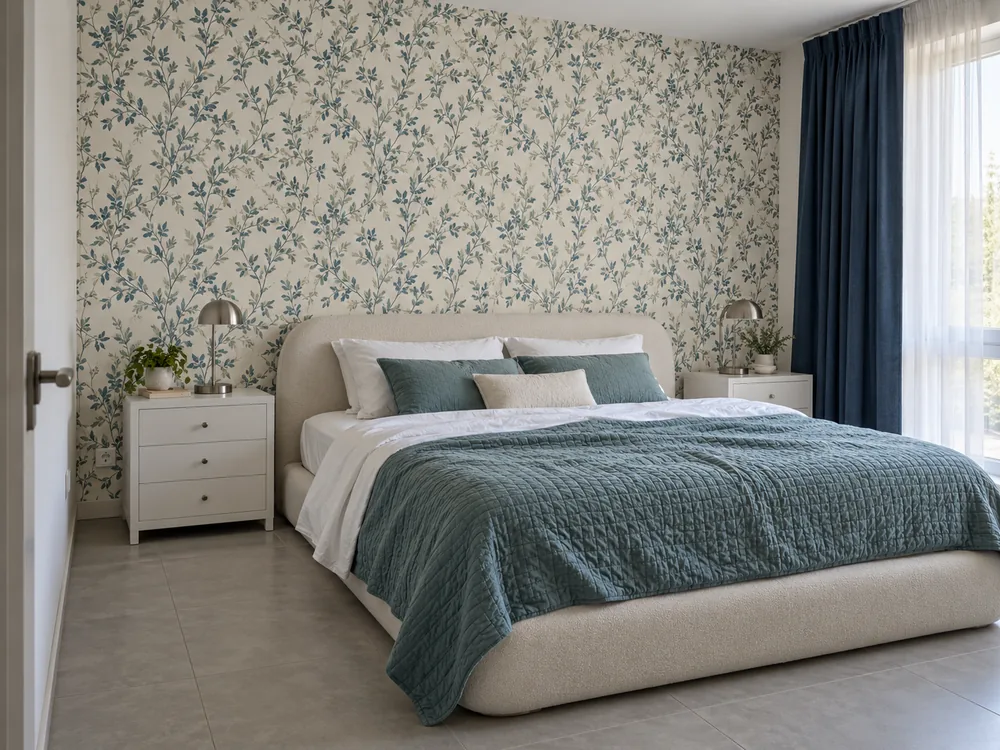 Blue botanical wallpaper behind an ivory bed without additional artwork.
