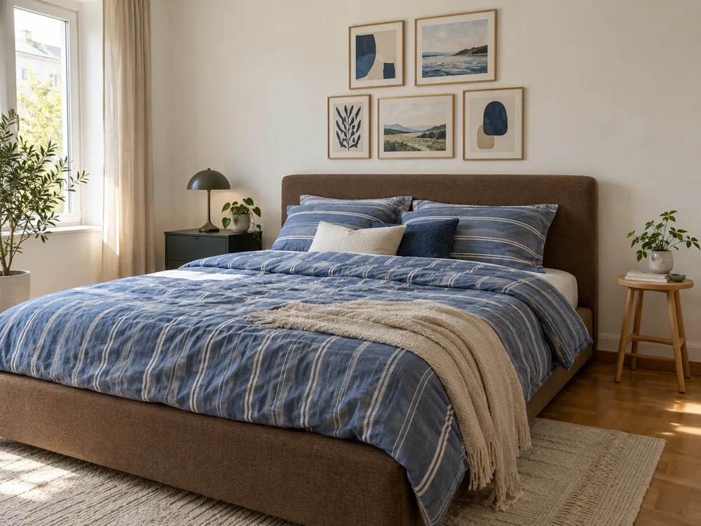 Five coordinated artworks arranged above a brown upholstered bed.