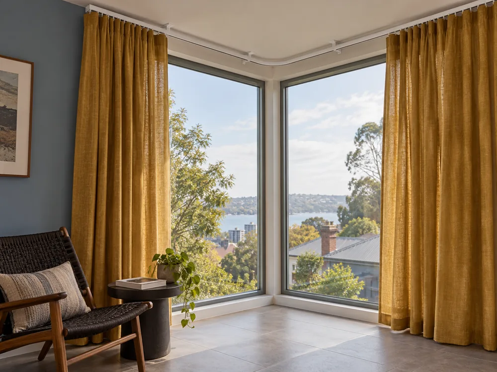 Ceiling-mounted curtain track with a rounded bend around corner windows