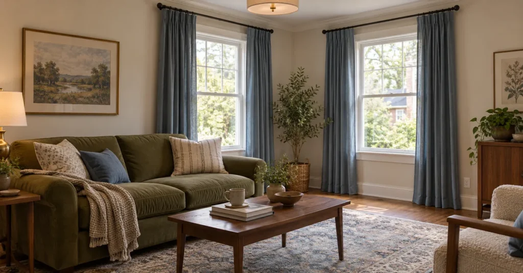 Living room with coordinated blue floor-length curtains on two adjoining windows