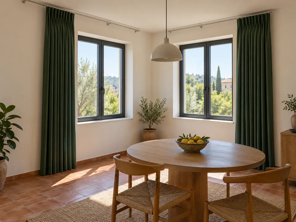 Open corner-window curtains stacked at the outer wall edges, leaving the glazing clear