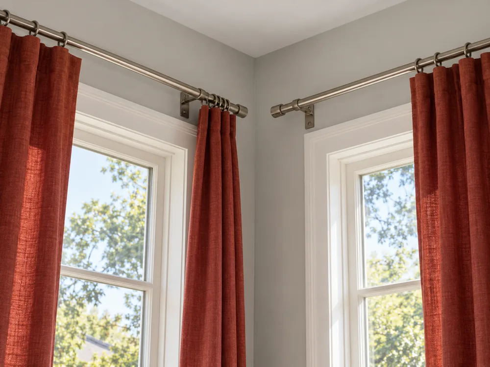 Separate curtain rods with small end caps and wall brackets above adjoining windows