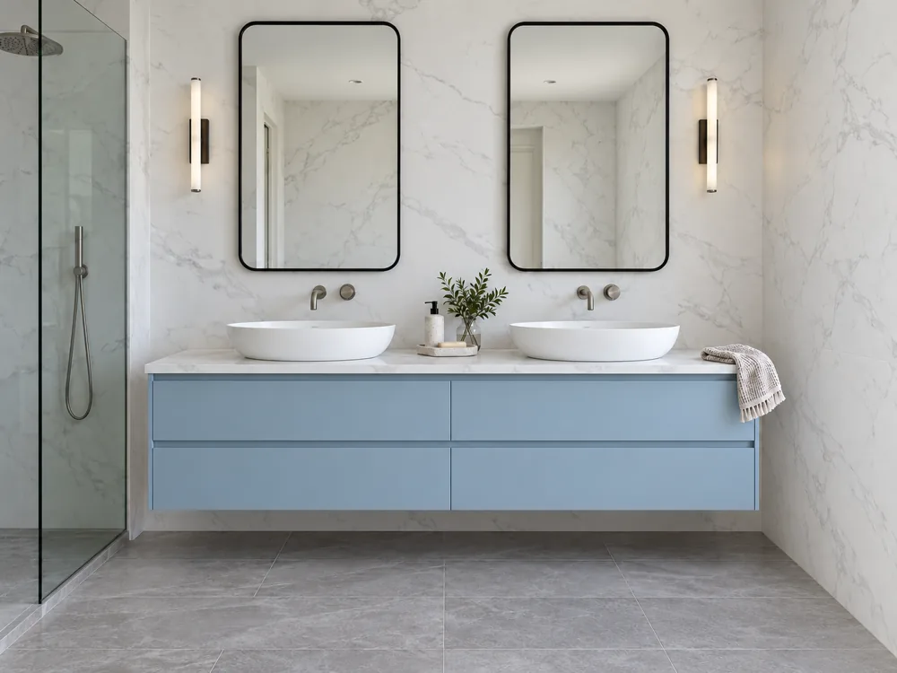 Two mirrors centred above the sinks of a double vanity