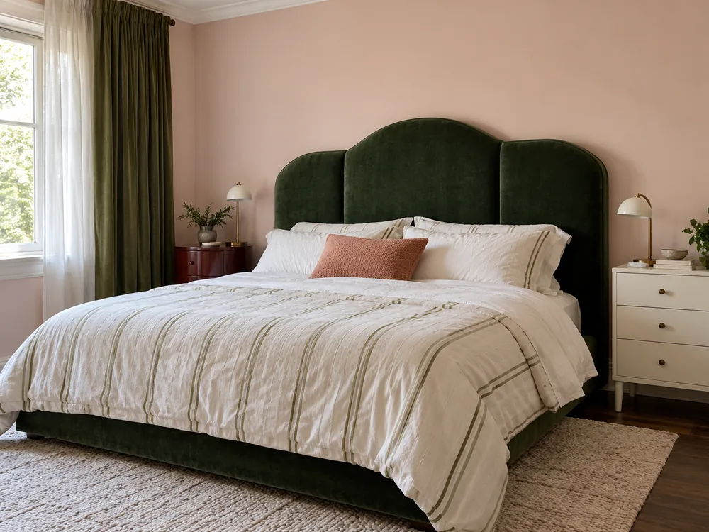 Tall scalloped green upholstered headboard beneath a plain blush wall.