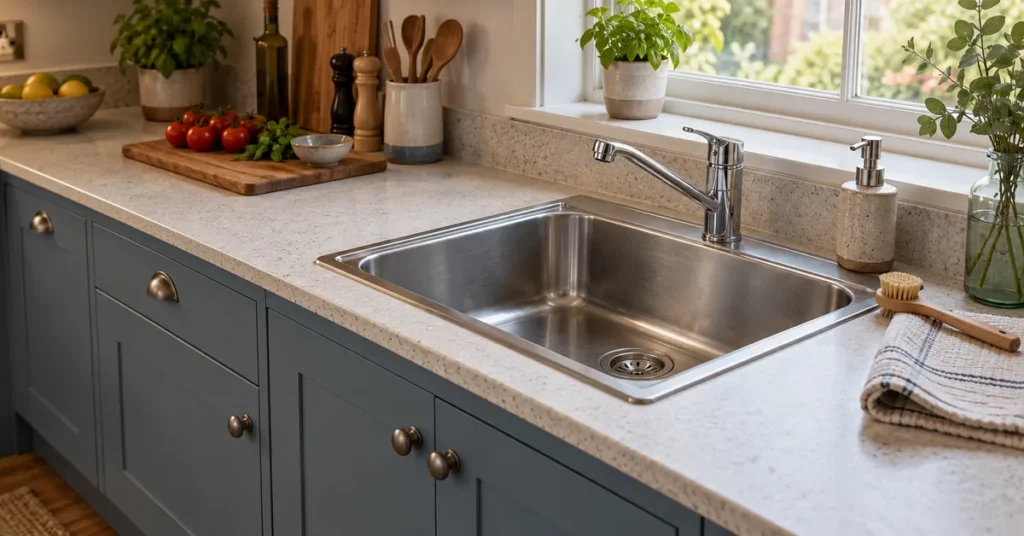 A sink fitted into a practical residential kitchen countertop