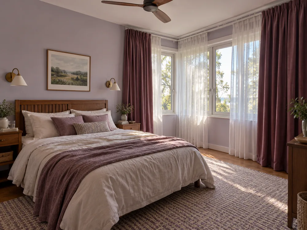 Bedroom corner windows with inner white sheers and opaque main curtains on separate tracks