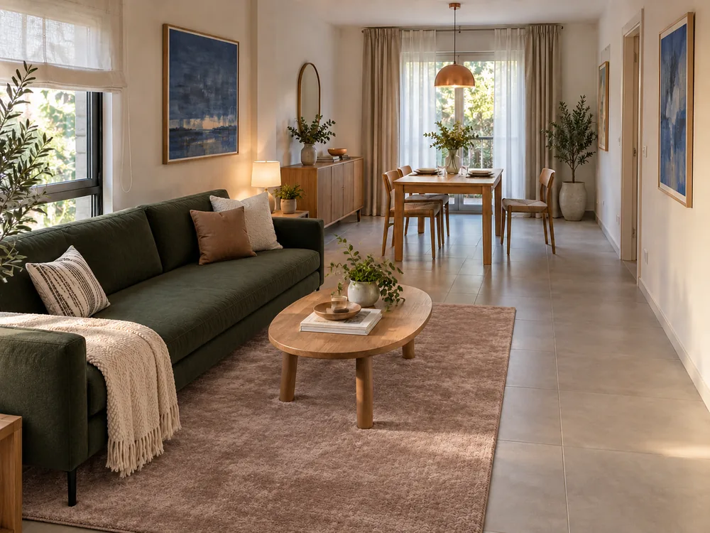 Green bench-seat sofa on a soft cut-pile rug in a long room with a separate dining area and space to pass the dining chairs.