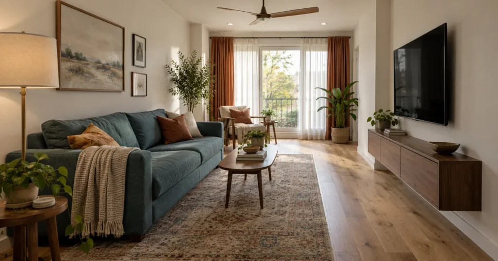 Teal sofa facing a wall-mounted TV in a long living room, with an open walking route beside the coffee table