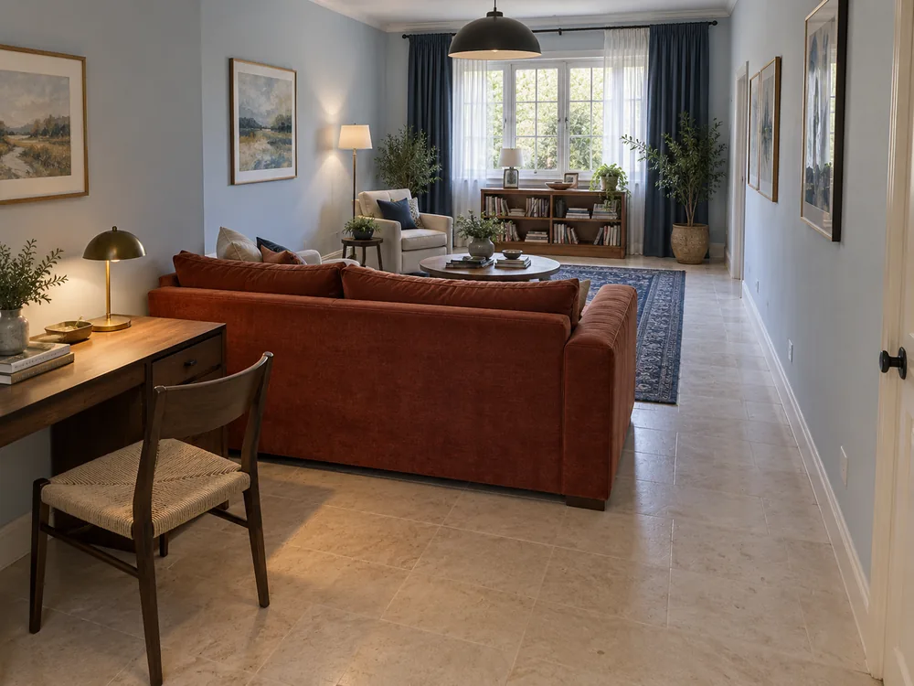 Rust sofa placed across a long living room, separating a desk area from seating with an open route around its right arm.