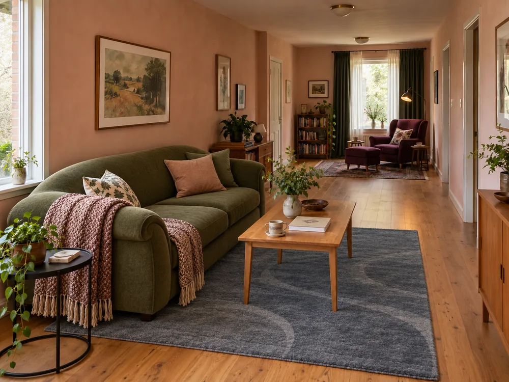 Long living room with a main seating group and a separate reading corner connected by an open walking route.