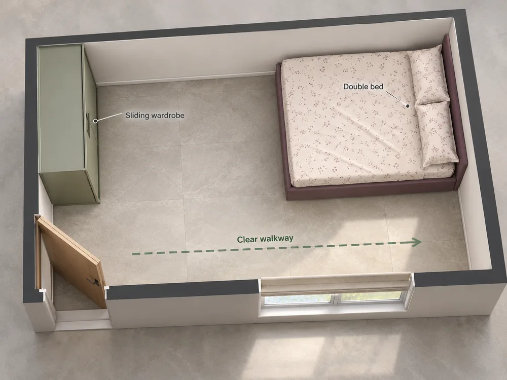 Long narrow bedroom layout with bed and a clear walkway