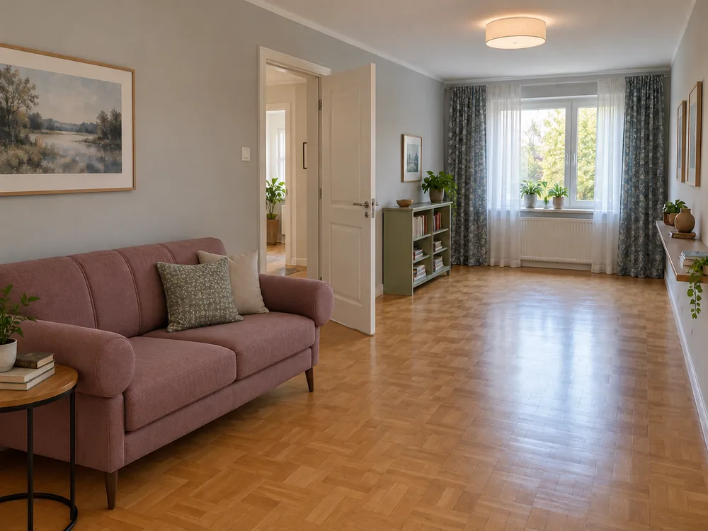 Mauve sofa with rounded arms beside an open mid-wall doorway, with the door swing and parquet walking route kept clear.