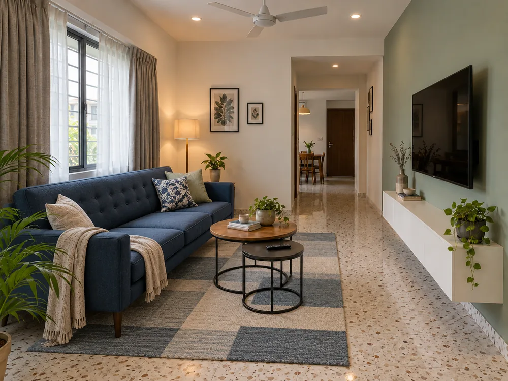Indigo sofa with a tufted back facing a wall-mounted TV, with a geometric rug and a clear passage beside shallow media storage.