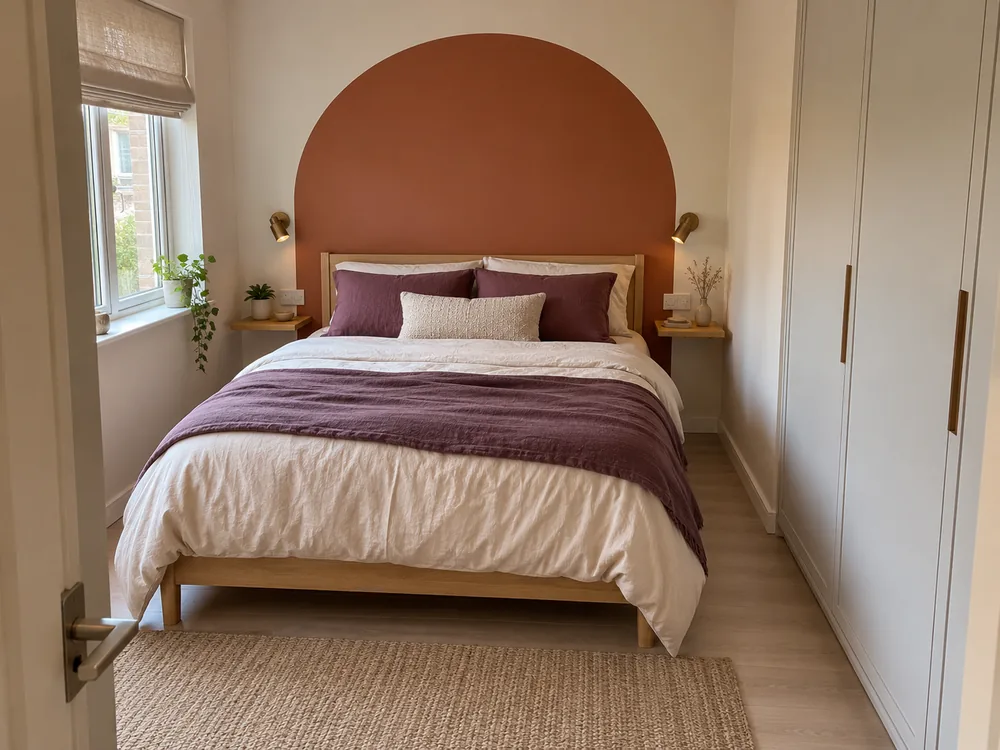 Alt text: Rust painted arch behind a double bed in a compact bedroom with a wardrobe.