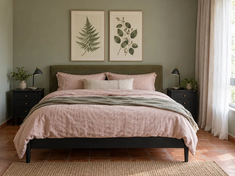 Two coordinated botanical prints above an olive headboard.