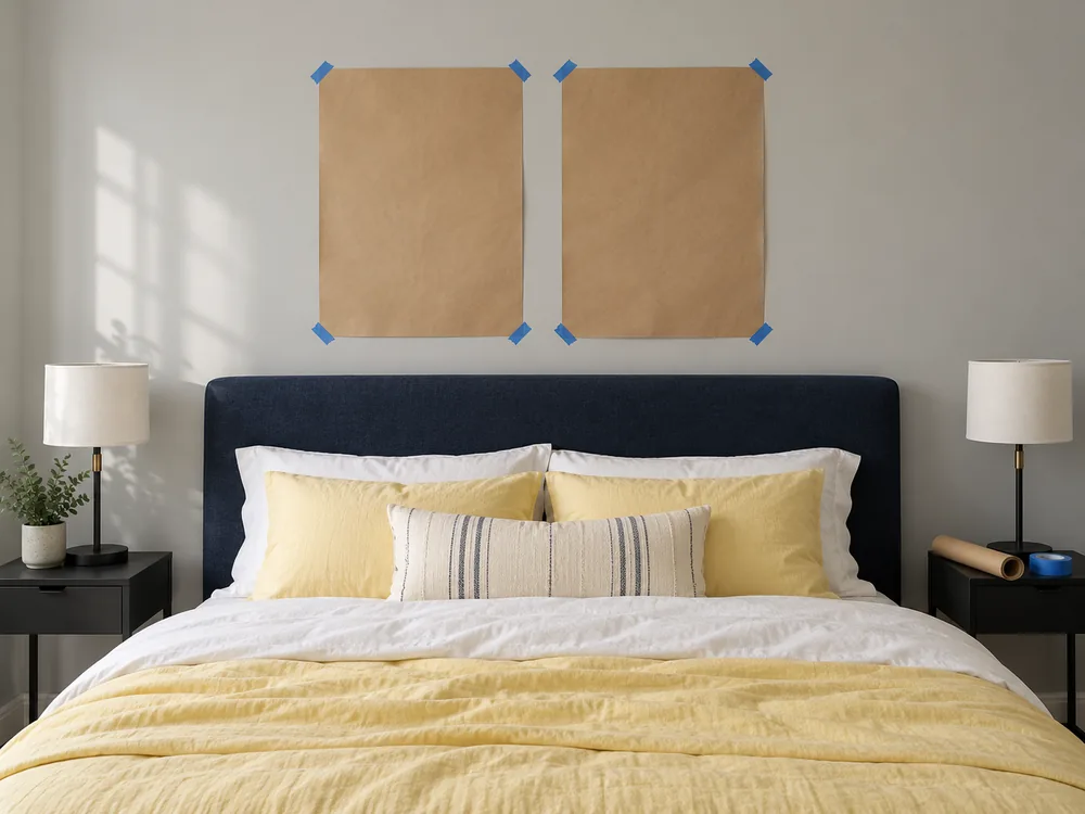 Two paper artwork templates taped above a navy headboard to check placement.